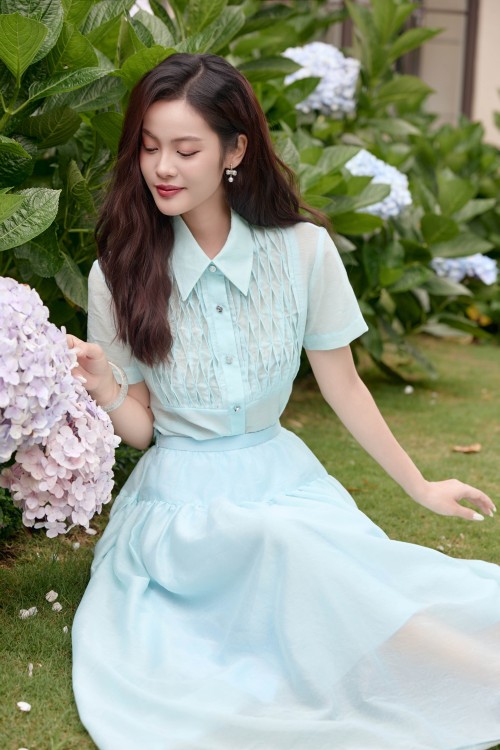 Sixdo Blue Organza Flared Skirt